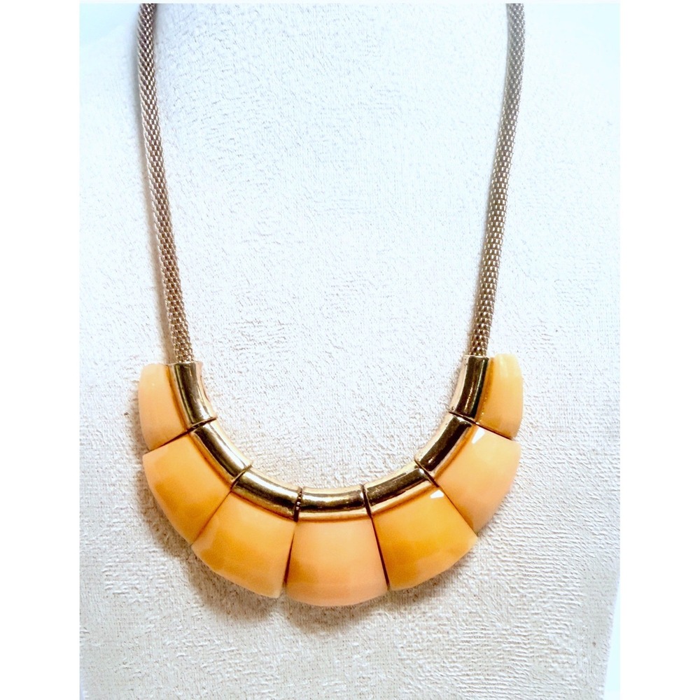Pale Peach Geometric Bead Bib Necklace Gold Tone Snake Chain Adjustable 16-19"
